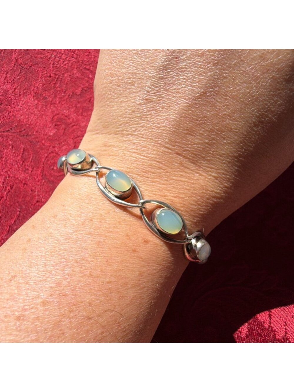 Vintage Sterling Silver Opalite Eye Marquise Link Bracelet Modernist Cabochon 8"